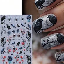 2 feuilles d'autocollants pour ongles gothiques d'Halloween, corbeau en relief 5D, crâne, rose, toile d'araignée & nœud, décalcomanies d'art pour ongles, décoration de manucure DIY pour femmes & filles - Noir - Voir 6