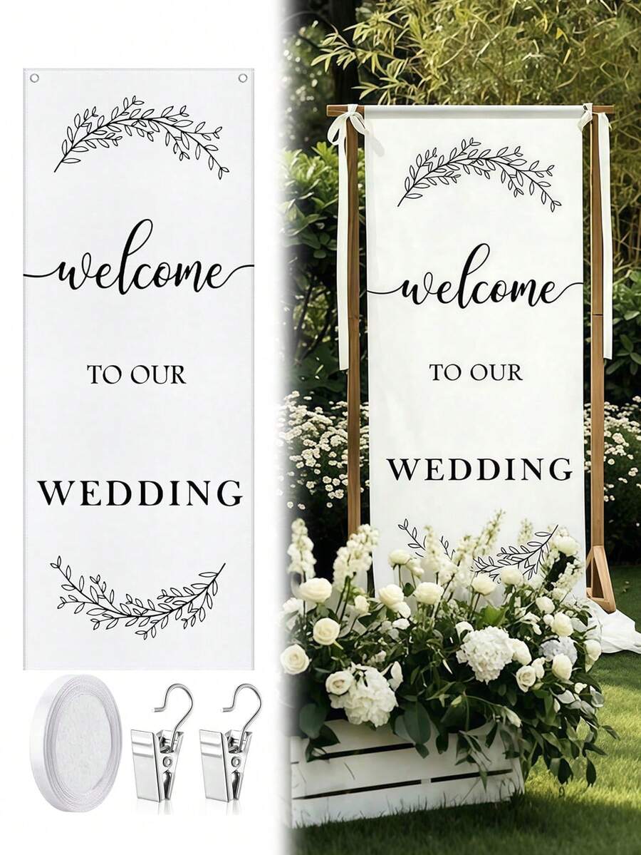 Welcome To Our Wedding Linen Banner, Minimalist Wedding Decor. Comes With Ribbon And Clips, Suitable For Bridal Shower, Wedding Ceremony, Reception Backdrop, Arch, Lawn, And Indoor/Outdoor Venues. - A. - View 1