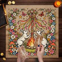1PC Tarot Altar Cloth With Mytical Cute Rabbit Design Witchy Cloth Suitable For Tarot Readings Moon Phase Ceremonies Meditation Spaces Elegant Mandala Altar Cloth With Vintage Floral Oracle Mat Tarot Tablecloth Boho Playmat Cloth Home Decor - Multicolor - View 5
