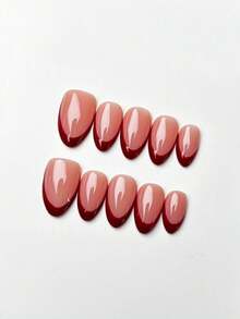 10pcs Handmade Almond-Shaped Acrylic Press-On Nails, Short Length, Minimalist Pink Nails, Red French Tip Nails, Fake Nail Tips, Gentle Cool Elegant Simple Winter Nails, Autumn Press-On Nails, Suitable For Valentine's Day Party Daily Date - Red - View 12