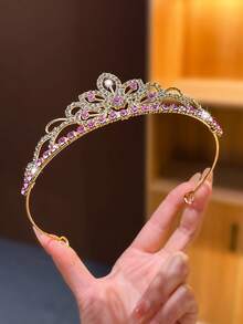 1件金色粉鑽大皇冠頭飾 女孩高階水晶王冠 生日禮物 公主髮夾髮簪髮飾 - 粉色 - 查看 4