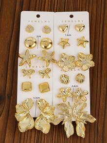 3pairs-12pairs/Set Vintage Golden-Plated Earrings Set,Heart&Flower Shaped, Women Jewelry Gift - Gold - View 6