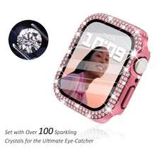 Casing Pelindung Berkilau dengan Pelindung Layar, Casing Pelindung Berlian Imitasi Penuh Kompatibel dengan Apple Watch 38mm 40mm 41mm 42mm 44mm 45mm 46mm, Cocok untuk Apple Watch SE Seri 11/10/9/8/7/6/5/4/3/2/1, Merah Muda Mawar - mawar merah muda - View 2