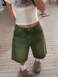 Pantalones cortos casuales de verano para mujer, rectos y sueltos a media pantorrilla - Verde militar - Ver 1