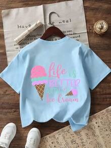 Tween Girl Casual Fun Print Crew Neck Pullover Short Sleeve T-Shirt Summer Top - Baby Blue - View 5