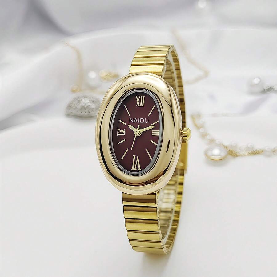 New Women's Watch, Small Gold Watch, Minimalist Southeast Asian Women's Watch, Oval-Shaped Gold Quartz Watch. - 紅色 - 查看 1