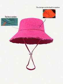 1 pieza Sombrero de cubo con cordón decorativo para mujer, diseño de correa ajustable para la barbilla, efecto desgastado, tela suave, protección contra el sol y el viento, de moda y versátil, adecuado para viajes, playa, vacaciones y uso casual diario - Multicolor - Ver 14