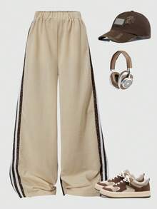 Fashionable Casual Girls' Sports Set, Featuring Wide-Leg Leopard Print Patchwork Striped Sports Pants, Suitable For Spring, Summer, And Autumn Wear - Apricot - View 2