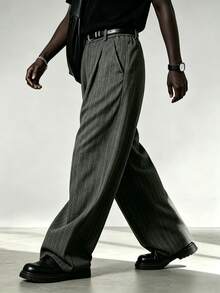 Officeau Men's Casual Business Style Wide Leg Loose Fit Dress Pants, Fashionable Versatile Striped Straight Leg Trousers - Grey - View 6