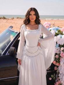 Elegant Elegant Ruffle Sleeve High-End Square Neck Heat-Pressed Rhinestone Studded Design Mesh Splicing Pleated Hem Dress Music Festival - White - View 7