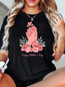 100% CottonAlgodón Camiseta Para El Día De La Madre Para Mujer: Blanca, Cuello Redondo, Manga Corta Con Estampado Floral A Mano. Regalo Perfecto Para Primavera Y Verano. Ropa Informal. Diseñ - Negro - Ver 1