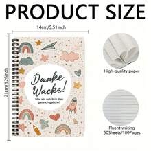 1 Cute Hand-Drawn Style Spiral Coil Notebook, Cover Printed With "Danke Wacke!" And Exquisite Patterns. 100 Pages 50 Sheets, Suitable For Work Records, Study Notes, Diary Writing, Daily Planning, Etc., Also A Thoughtful Graduation Gift, Birthday Gift, Memo Recording Helper, Versatile For Various Occasions! - L - View 2