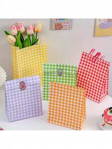 10pcs Kraft Paper Gift Bags - Cute Party Favor Bags, Ins Style Design With Colorful Plaid Pattern, Suitable For Birthday, Candy Storage, Desktop Organization, Holiday Gift Packaging - Multiple Styles - View 8