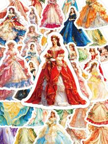 50Pcs Watercolor Royal Princess Dress Stickers, Multipurpose Decals For Journal Scrapbooking & Gift Packaging | Mixed Baroque Luxury Princess Outfit Designs For Notebook & Vintage Album School Supplies - A - View 4