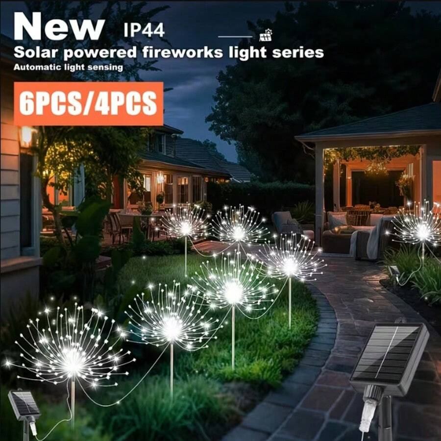6pack Solar Powered Garden Lights - Multi-Color Firework LED Design With 8 Lighting Modes, Semi-Flush Mount Installation, Energy Efficient With Rechargeable Nickel Battery, Includes Hardware - Perfect For Pathways, Flower Beds
