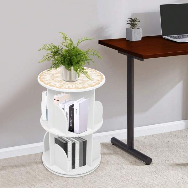 2-stufiges Rotierendes Bücherregal Weiß 360° Bücherregal 8 Abteile Rotierendes Bücherregal Rund mit Schleifpapier & Tischdecke 15.75*23.43in