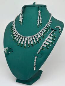 Juego de 4 piezas de joyería de lujo de Oriente Medio Dubái con perlas, heavily adornado, blanco & verde, con circonita y borlas, accesorios de joyería para novia y fiesta paquistaní y saudí, regalo - Verde - Ver 2