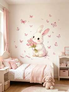 1pc Butterfly & Rabbit Wall Sticker Wallpaper Set, Suitable For Bedroom, Living Room And Nursery Warm Home Wall Decor - Multicolor - View 5