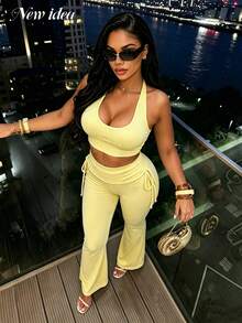 NEW IDEA Women's Y2K Pale Yellow 2 Pieces Set, Halter Crop Top & Side Drawstring Flare Pants, Suitable For Dating, Casual Outings - Light Yellow - View 3