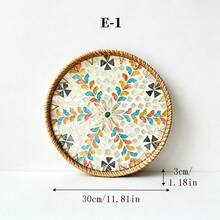 1pc Pearl Shell Inlaid Wooden Base Woven Rattan Decorative Tray, Not For Food Contact, Home Decor - Yellow - View 19
