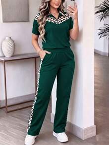 2 piezas Conjunto deportivo con estampado de leopardo para mujer, top de manga corta y cuello alto casual de verano y pantalones con bolsillos, conjunto deportivo - Negro - Ver 10