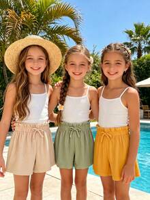 Bộ 3 quần short màu trơn cạp chun mùa hè cho bé gái tuổi teen, vải cotton 100%, thoải mái & thoáng khí, trang trí nơ ở eo - Màu vàng - Xem 2