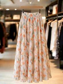 Falda acampanada de talle alto con estampado floral diminuto de tulipanes naranjas suaves, favorecedora y estilizante para el verano - Multicolor - Ver 1