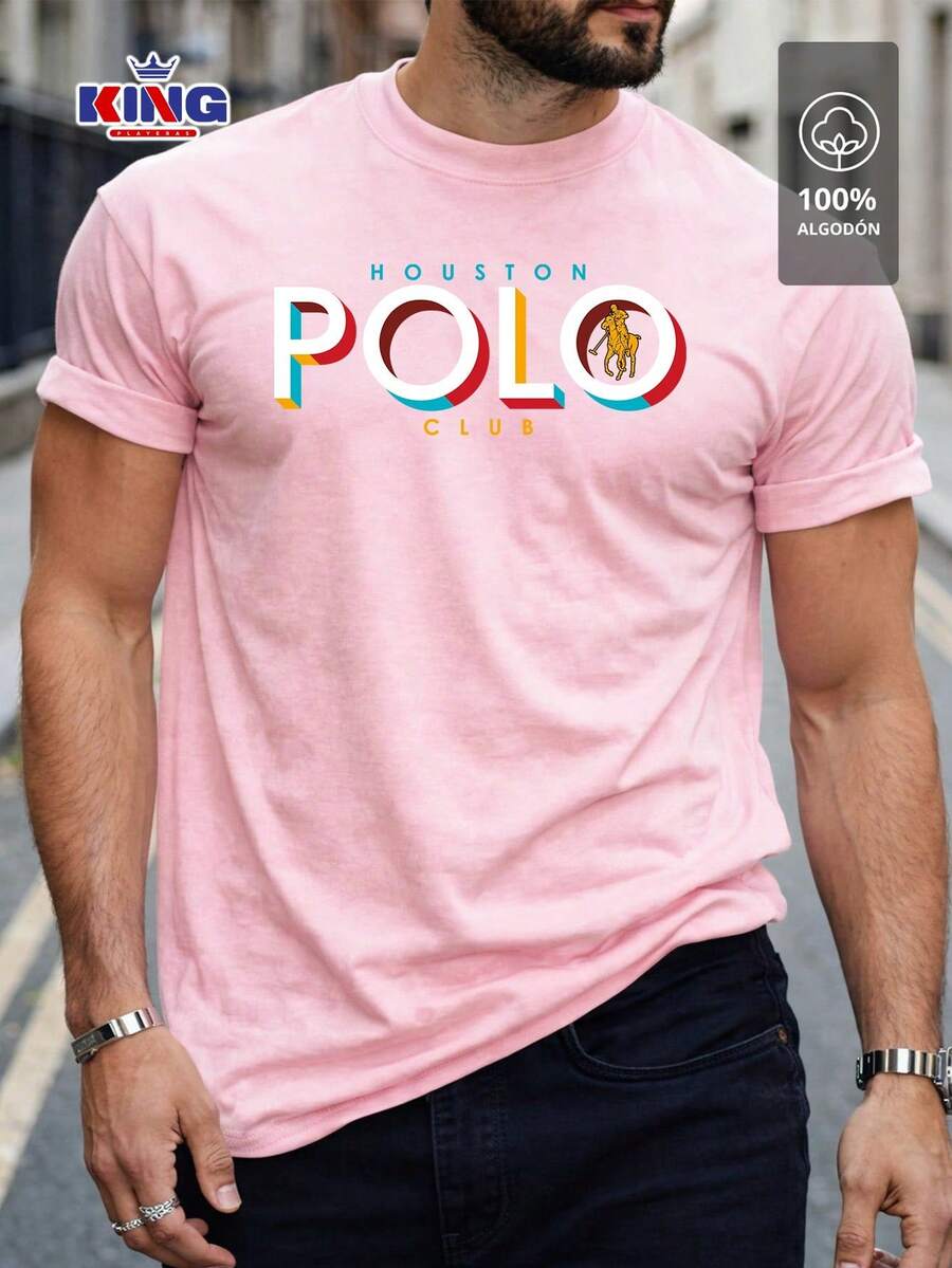 Original HPC POLO T-Shirt With Round Neck And Short Sleeves – Themed Graphic Design "HPC: Retro Typography Houston" – 100% Cotton - 粉色 - 查看 1