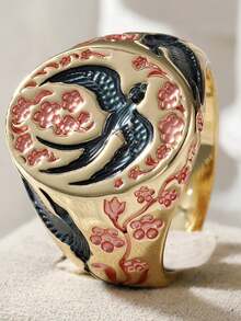 復古花卉與鳥類浮雕女款戒指，具備復古質感與琺瑯工藝，適合日常佩戴、度假與宴會的個性化飾品 - 金色 - 查看 10