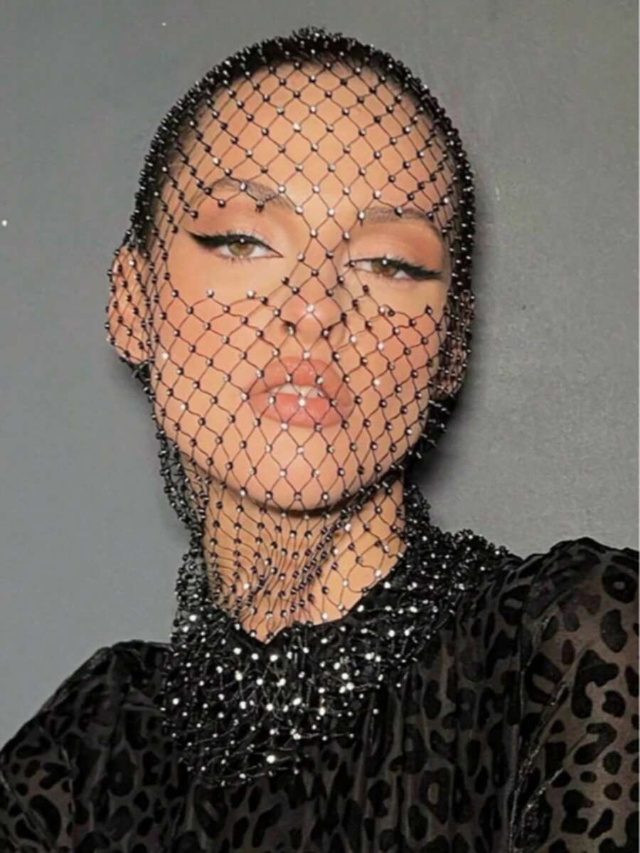 Shiny Rhinestone Decorated Women's Hat Hollow Fishnet Full Face Veil Headscarf Cap For Party, School - A - View 1