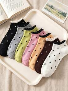 5 Pares Aleatórios de Meias Crew Femininas com Babado de Alface e Poá, Cano Médio, Pastel, Macias, Elásticas e Respiráveis, Estilo Universitário Japonês para Uso Diário e Deslocamento de Estudantes - Multicolorido - Visão 3