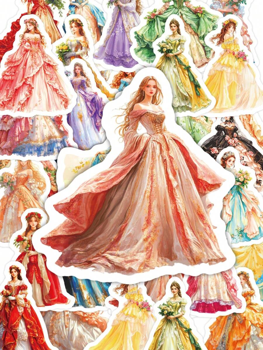 50Pcs Watercolor Royal Princess Dress Stickers, Multipurpose Decals For Journal Scrapbooking & Gift Packaging | Mixed Baroque Luxury Princess Outfit Designs For Notebook & Vintage Album School Supplies - A - View 1