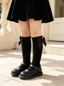 3 Pairs Girls Sweet Cute Bow Decor Bubble Cuff Elastic Mid-Calf Socks, Spring Autumn All Seasons Girls Leg Socks, Suitable For 0-3 Years Old Children Daily Wear - Multicolor - View 4