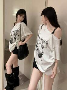American Style Graphic Print Asymmetrical Shoulder Short Sleeve T-Shirt, Sexy Loose Unique Chic Top For Women, Summer White - White - View 2