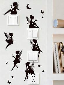 1 Set (6 Stücke) Schwarze Silhouette Feen Schalter Wandaufkleber, PVC selbstklebend abnehmbare Aufkleber mit Schmetterling, Stern, Mondsichel Magie Elementen, Prinzessin Schlafzimmer Steckdosenblende, INS verträumter Märchenstil Mietwohnung Renovierung DIY Wanddekoration - Wandaufkleber - Übersicht 5