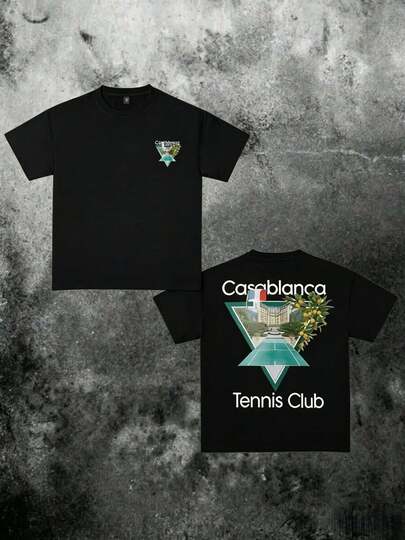 Zomer T-shirt 2026 Heren 1 stuk Casual heren T-shirt met ronde hals, gemaakt van puur katoen (220 g/m²), met een tennisclubprint aan beide zijden.