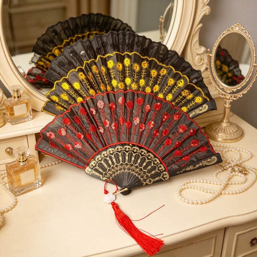Sequined Embroidered Folding Hand Fan With Tassel, Spanish Style Dance Fan For Party Wedding Cosplay Decor