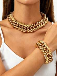 2pcs Vintage Punk Old Coin Style Iron Chain Necklace, Exaggerated Hip-Hop Cuban Link Geometric Clasp Choker Necklace, Party Gift For Women - Necklace Set - View 8