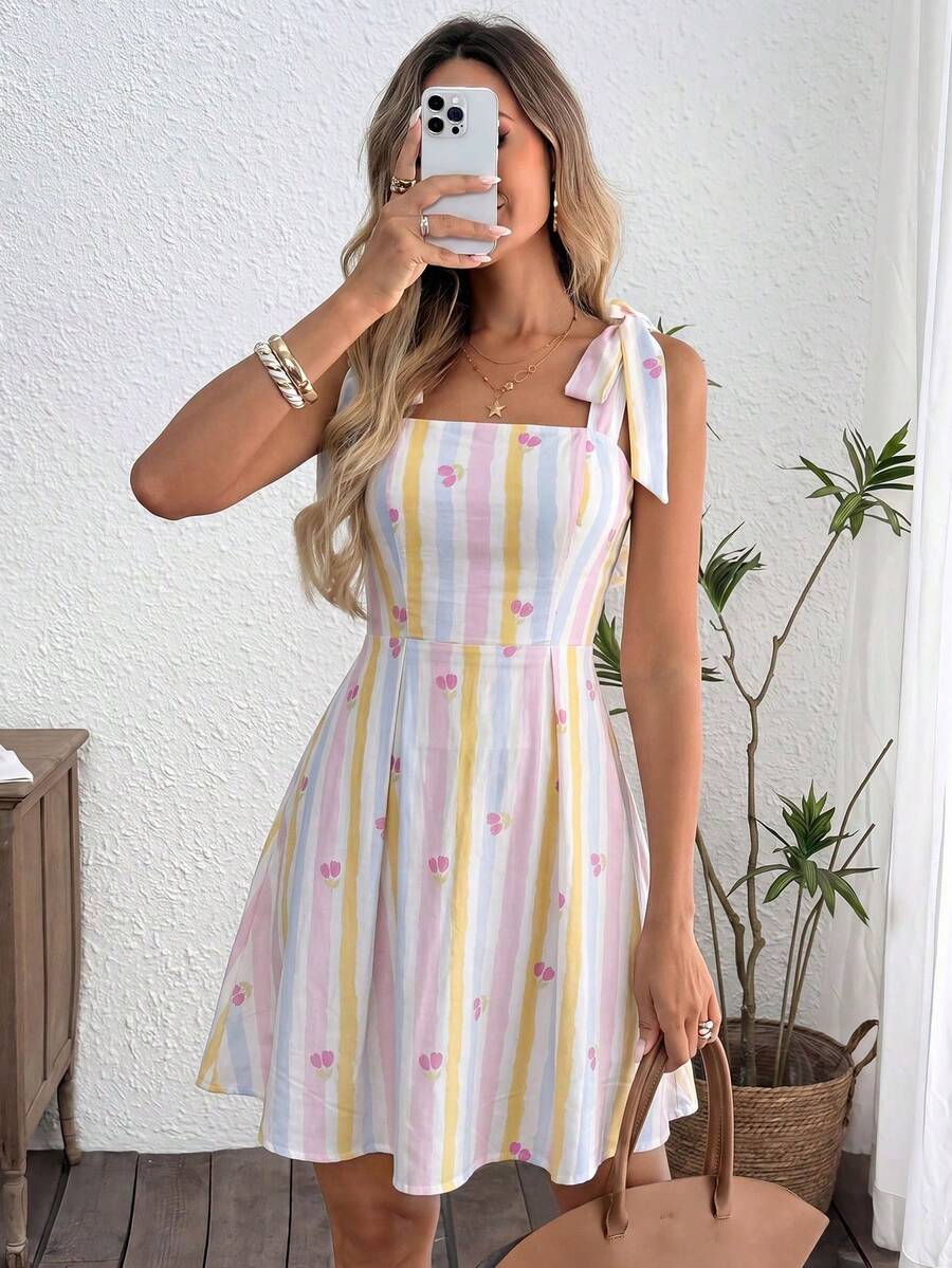 Vestido mini de mujer con cintura ceñida, tirantes anudados y unicolor LV7L - Multicolor 3 - Ver 1