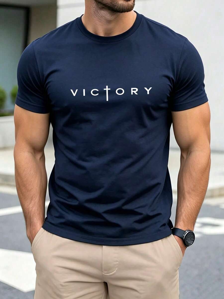 Men's Summer Letter Print Crew Neck Dropped Shoulder Loose Casual T-Shirt - Navy Blue - View 1