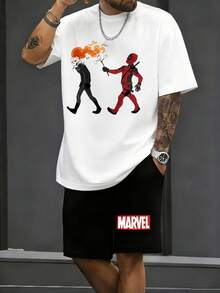 Deadpool And Ghost Rider Summer Holiday Outfits Cotton T-Shirt And Shorts Set Marvel Superhero Graphic, Streetwear Casual Clothes For Men Summer - 白色 - 查看 2