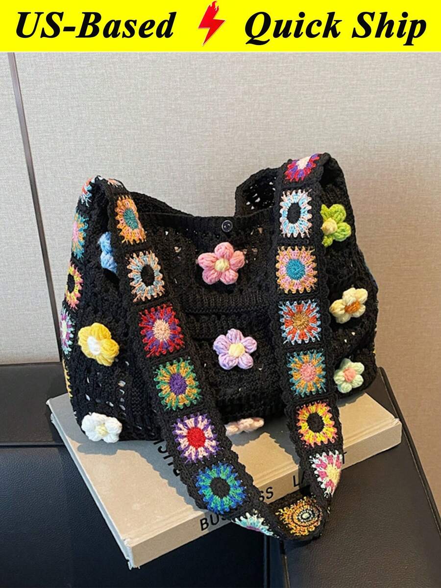 Bohemian Style Retro Hollow-Out Floral Contrast Color Casual Crossbody Bag Tote Bag Vocation Holiday Outgoing Shopping Bag Beach Bag Crochet Bag - 黑色 - 查看 1