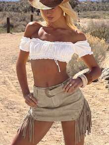Minifalda-pantalón de mujer color caqui estilo western de lujo en ante sintético con cinturón y flecos, prenda inferior para verano y otoño, para concierto country, rodeo, Copa del Mundo, fiesta y estilo urbano - Caqui - Ver 7