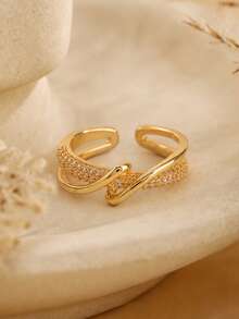 1 pièce Bague ouverte en croix pavée de CZ et polie de luxe, bague en cuivre ajustable pour femmes, bijoux de mode étincelants, fête, cadeau d'anniversaire - Multicolore - Voir 2