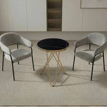 3 Colors Available Round Small Table, 60cm Marble Pattern Tabletop With Gold Steel Frame, Suitable For Living Room/Apartment/Balcony/Small Dining Area - Black - View 1