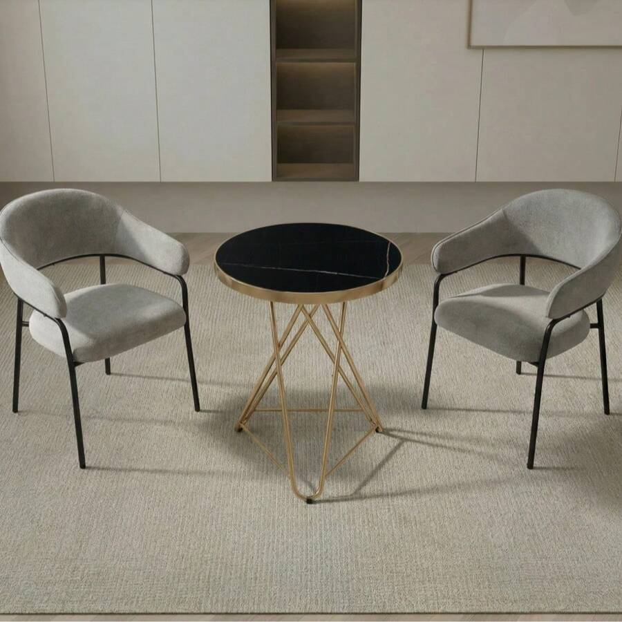 3 Colors Available Round Small Table, 60cm Marble Pattern Tabletop With Gold Steel Frame, Suitable For Living Room/Apartment/Balcony/Small Dining Area - Black - View 1