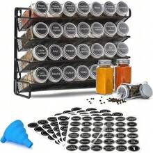 Boîtes à épices, étagère à épices, 28 pots, autocollants, marqueur, entonnoir - Noir - Voir 1