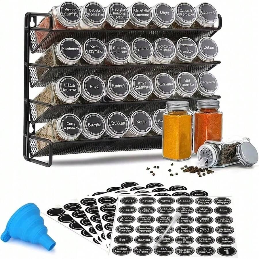 Boîtes à épices, étagère à épices, 28 pots, autocollants, marqueur, entonnoir - Noir - Voir 1