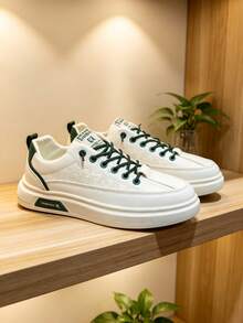 Men's Universal Low-Top Solid Color Casual Skate Shoes Breathable, Lightweight, PVC Sole, Suitable For All Seasons Outdoor Walking, - White and green - View 3