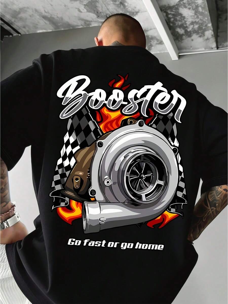 1 Pcs Casual Pure Cotton Oversized Auto Modify Turbo Graphic Short Sleeve Men's Tee Street Style Airport Daily Racing Top - 黑色 - 查看 1